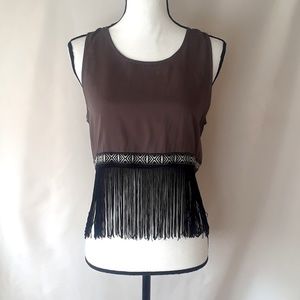 Brown Boho Fringe Hem Sleeveless Crop Top